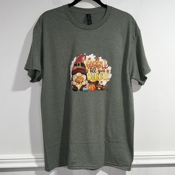 Thanksgiving tee shirt gobble till you wobble large unisex gnome olive green - Picture 2 of 3